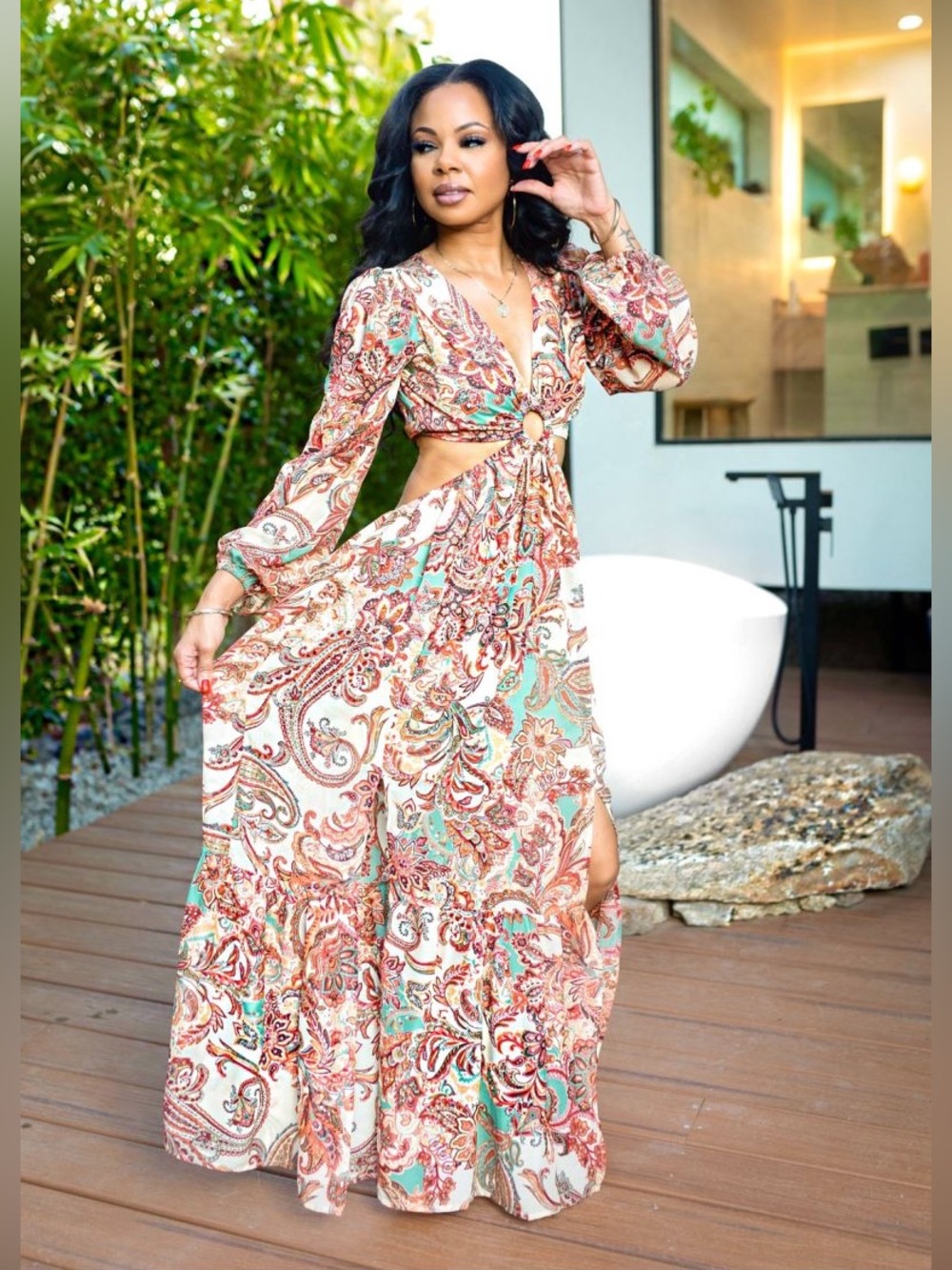 Jessica Simpson Cream Paisley Cutout Maxi Dress with Coral and Teal Accents